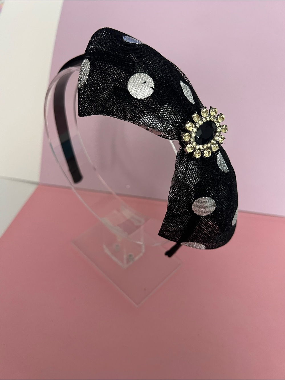 Black Polka Dot Bow Headband with Rhinestone Accent - Picture 3 of 3